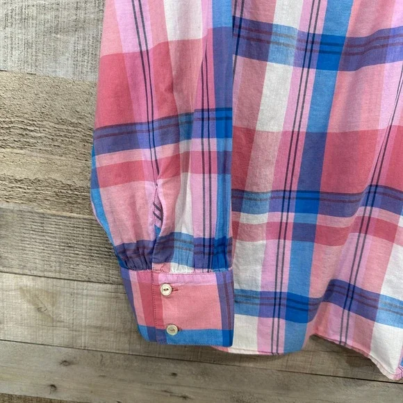 Talbots Womens Pink Blue Plaid Ruffle Collar Popover Cotton Blouse Top Large - Picture 3 of 6